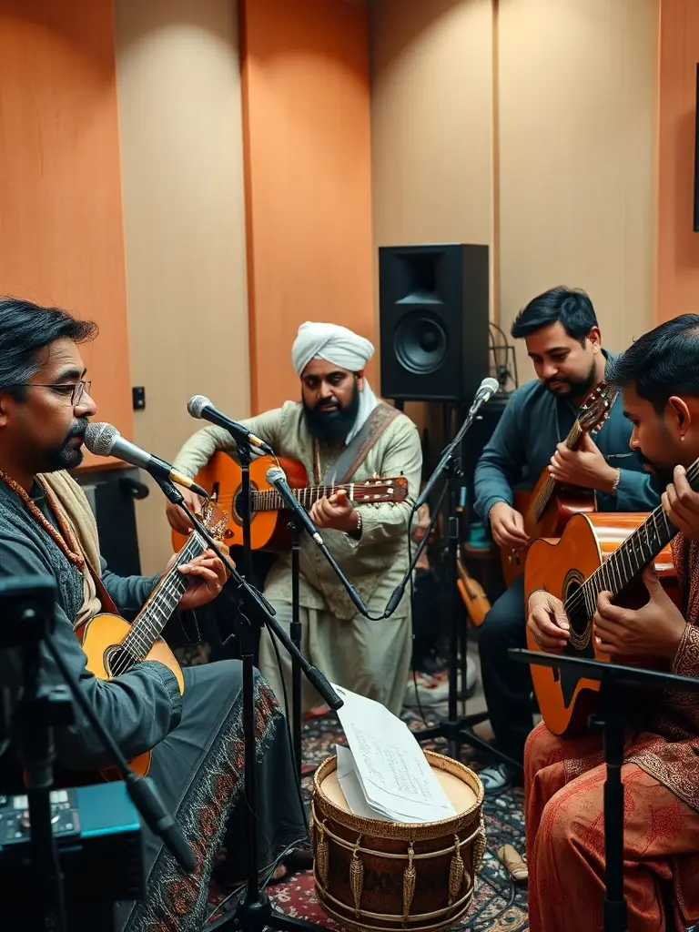 A dynamic image of a collaborative music project, featuring musicians from different cultural backgrounds playing together in a recording studio, surrounded by various instruments and recording equipment. The musicians are focused and engaged, creating a fusion of sounds and styles. This image represents the organization's commitment to fostering cross-cultural collaboration and innovation in music.