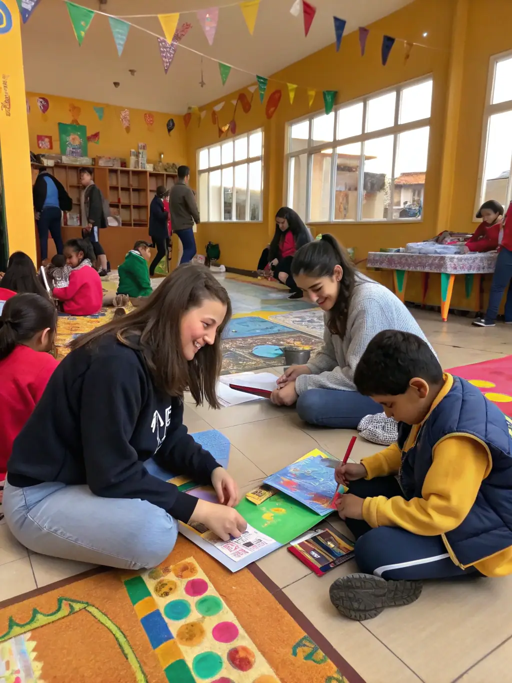A heartwarming image of Mondes Croisés volunteers interacting with children during a community outreach program, teaching them about music and dance in a local community center. The children are smiling and engaged, holding musical instruments and participating in a dance activity. This image represents the organization's commitment to bringing cultural education to underserved communities.