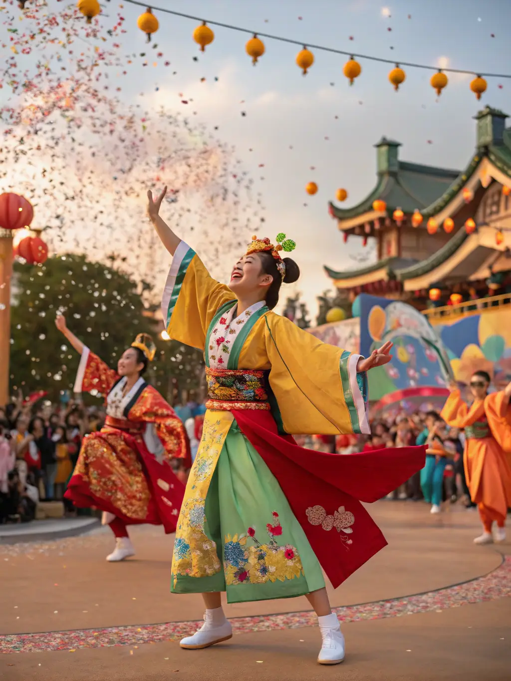 A vibrant image of participants engaging in a lively dance workshop with colorful costumes and musical instruments, representing MONDES CROISÉS' Cultural Workshops.