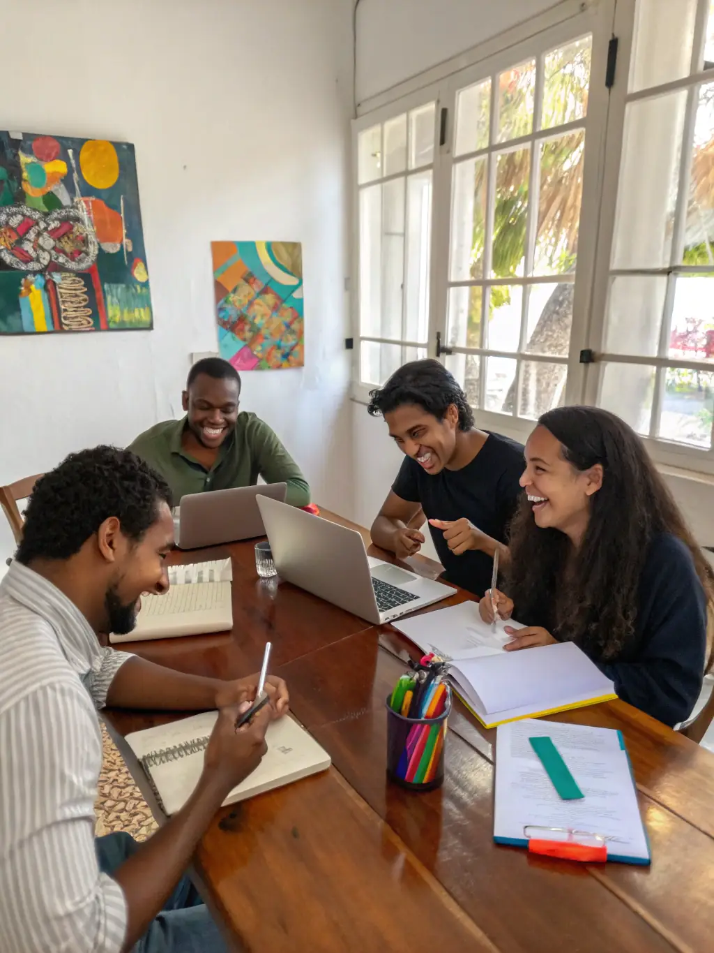 A group of diverse individuals collaborating on a musical project, highlighting MONDES CROISÉS' commitment to cross-cultural collaboration.