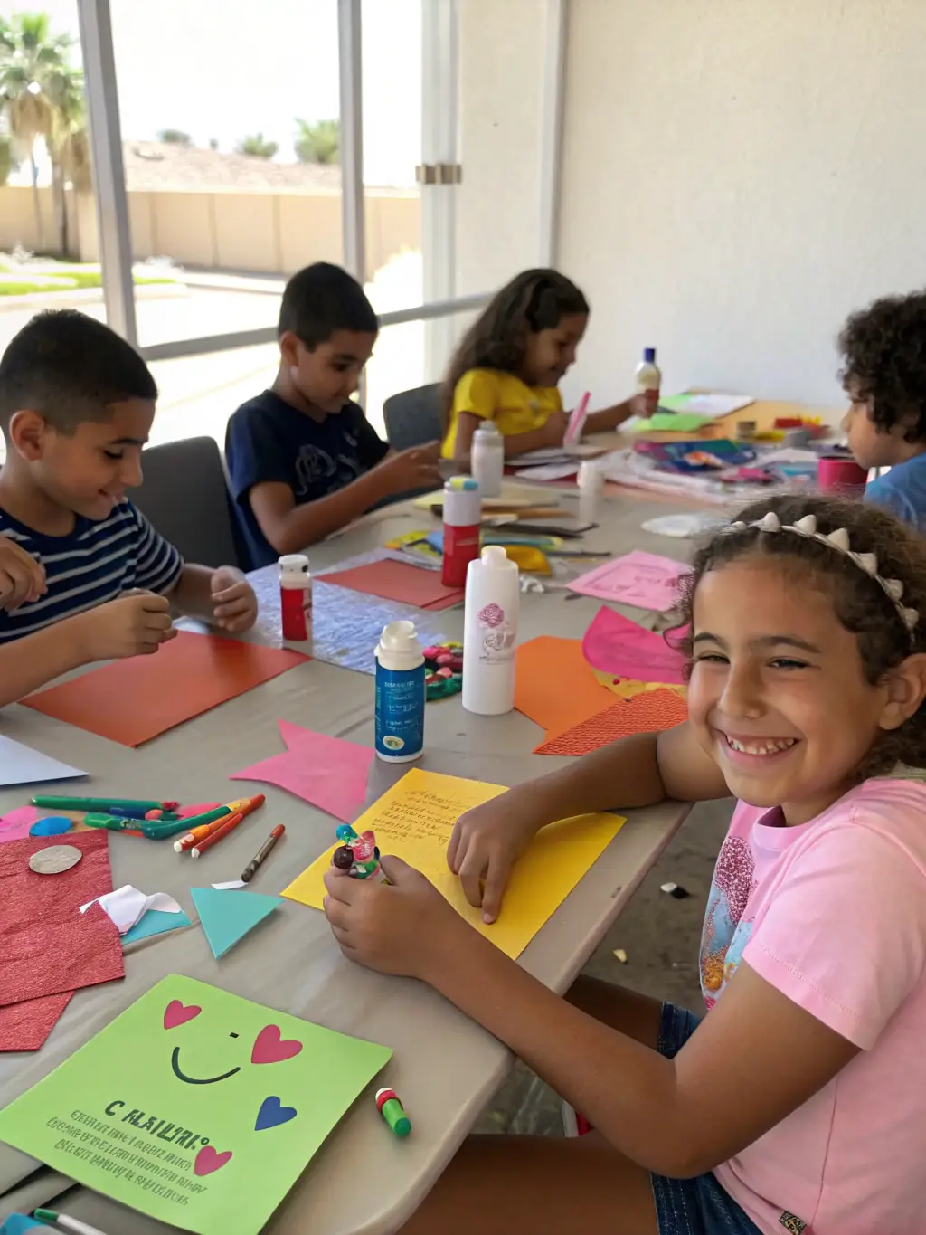An image of children participating in a cultural activity with local artists in a community center, representing MONDES CROISÉS' Community Outreach Programs.
