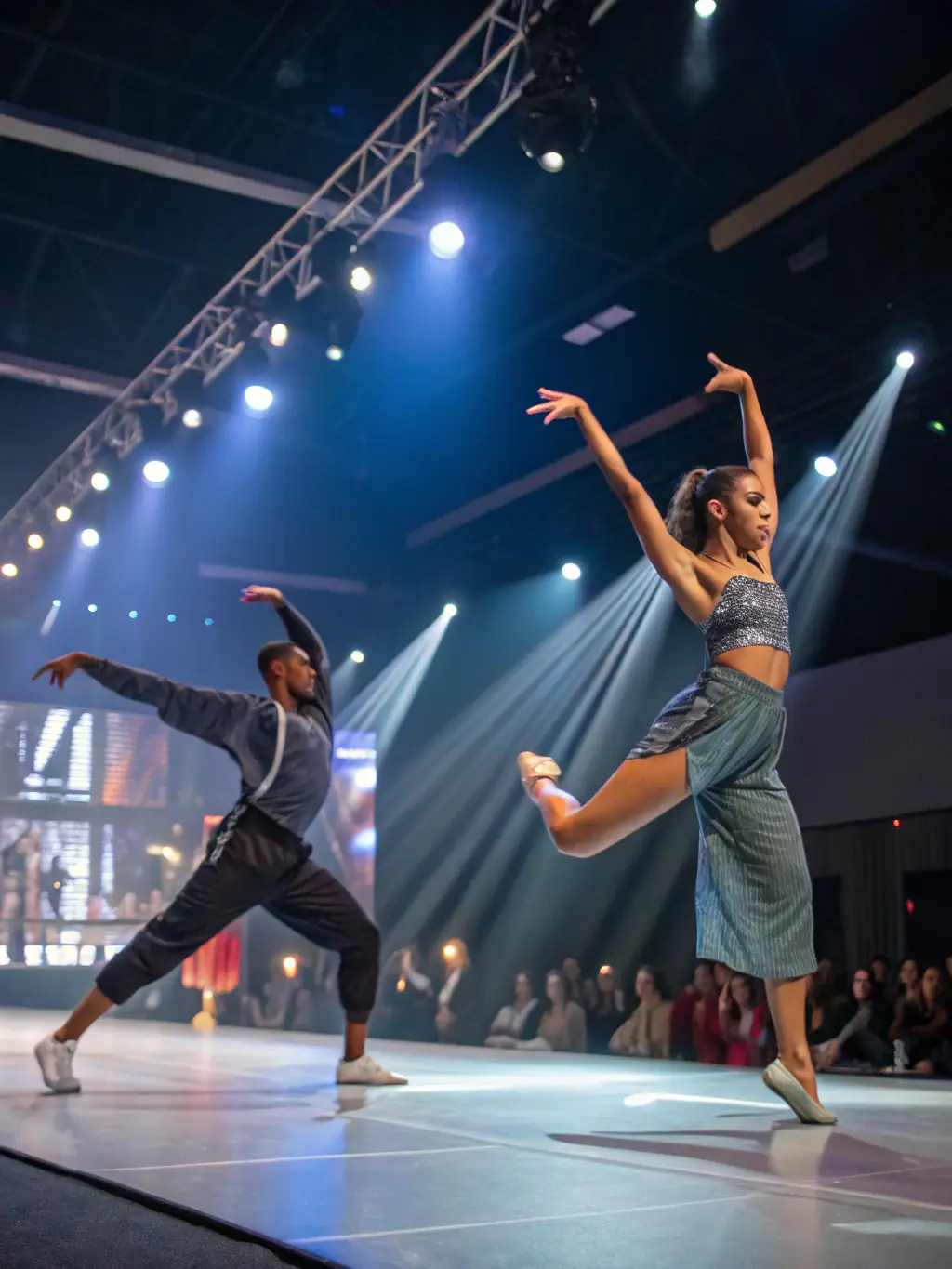 A captivating photograph of a world dance performance on stage, featuring dancers in colorful traditional costumes, performing a dynamic routine with expressive movements and gestures. The audience is visible in the background, enjoying the spectacle. This image showcases the performance events organized by Mondes Croisés.