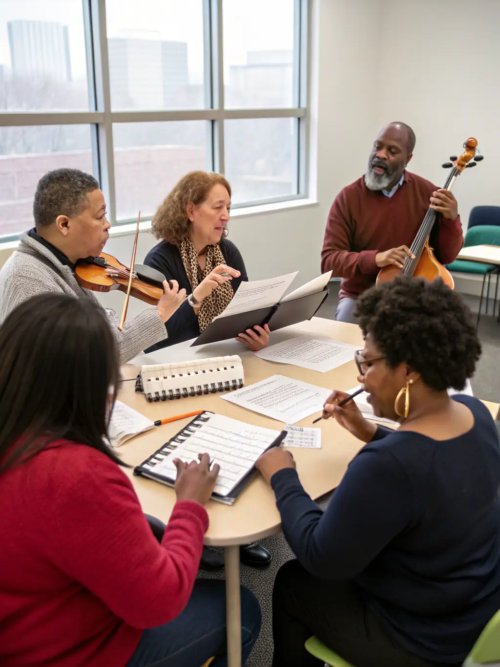 A vibrant image of participants engaged in a world music workshop, playing various instruments and interacting with the instructor, set in a brightly lit studio with traditional musical instruments displayed in the background. This image represents the hands-on learning experience offered in Mondes Croisés' cultural workshops.